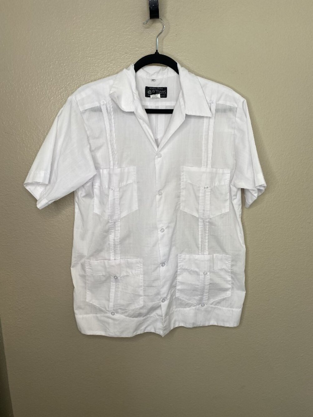 D'Yuvas White Guayabera Shirt 100% Cotton Mens 38 Short Sleeve Made In Mexico
